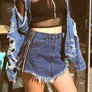 Carmar Beatrice Zip Front Denim Jean Skirt Reflective Stripes Raw Hem Size 25